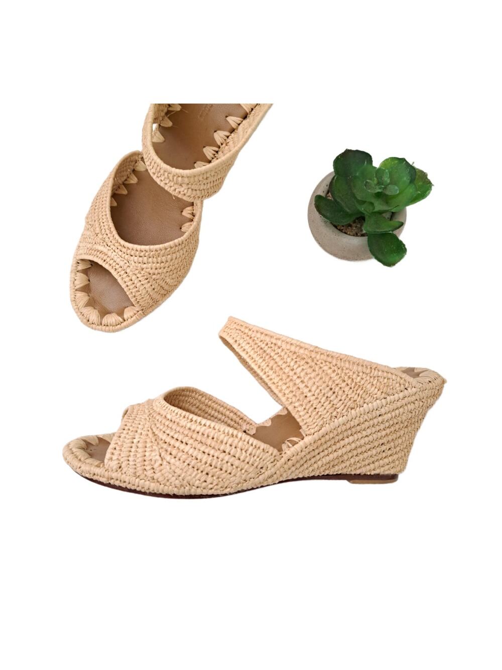 CARRIE FORBES Natural Woven Raffia Wedge Slide Sandals Morocco Size 36 (5.5-6)